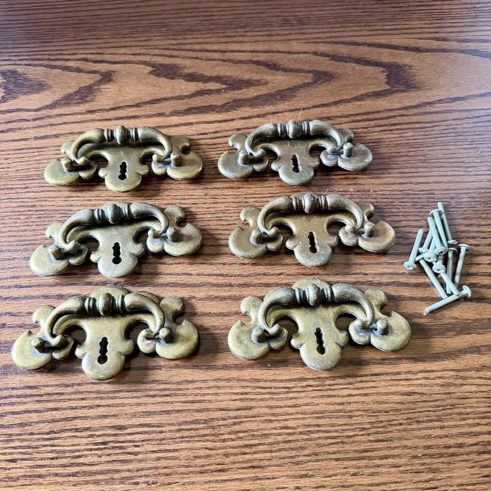 Vtg Ornate Brass Chippendale Drawer Pull Backplates French Provincial Set 6